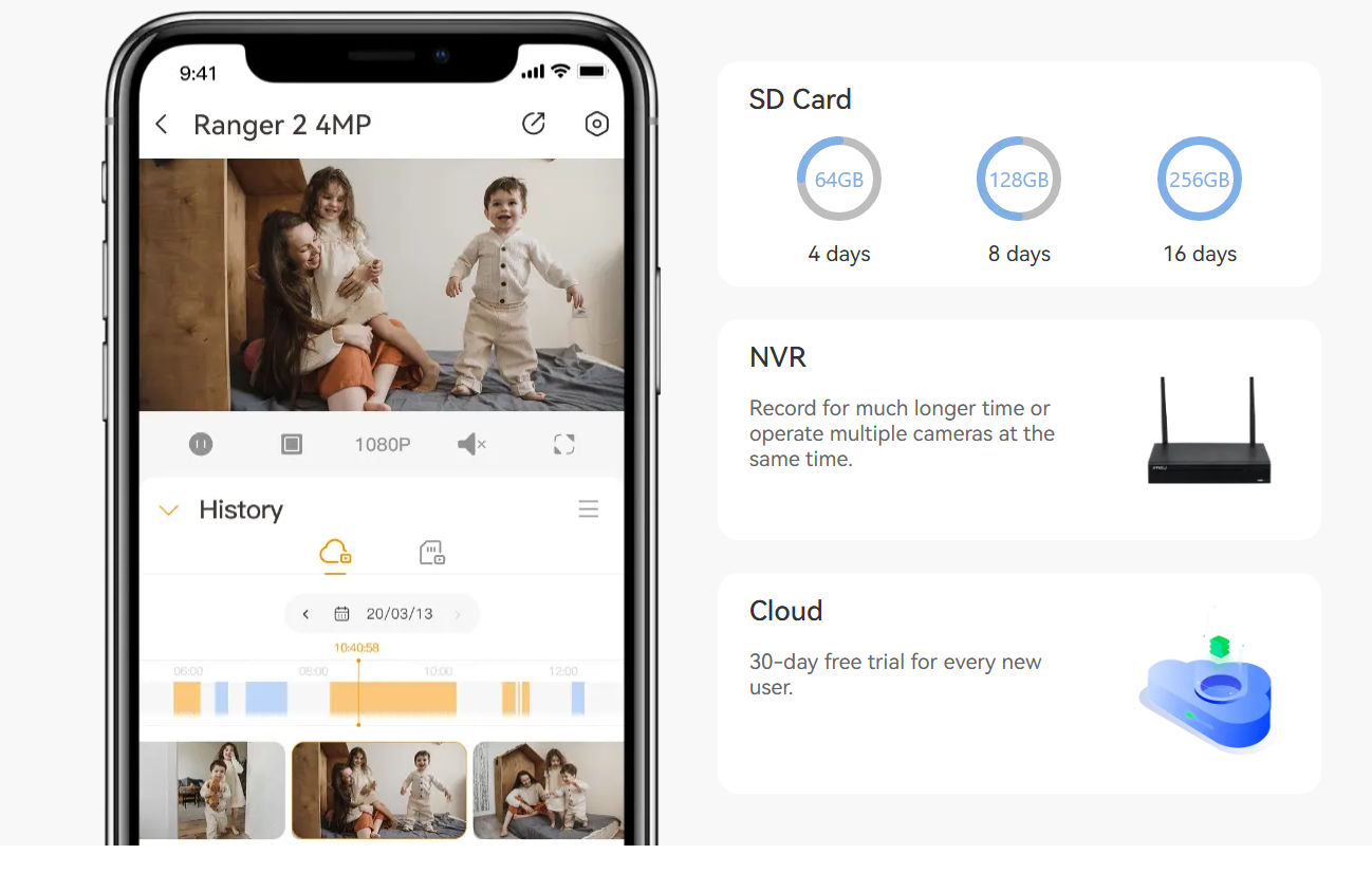 امکان ذخیره‌سازی انعطاف‌پذیر روی MicroSD، NVR یا فضای ابری IMOU Ranger 2